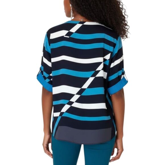 Derek Lam for Design Nation Abstract Geometric Teal & Black Striped Blouse Sz L - Picture 3 of 11